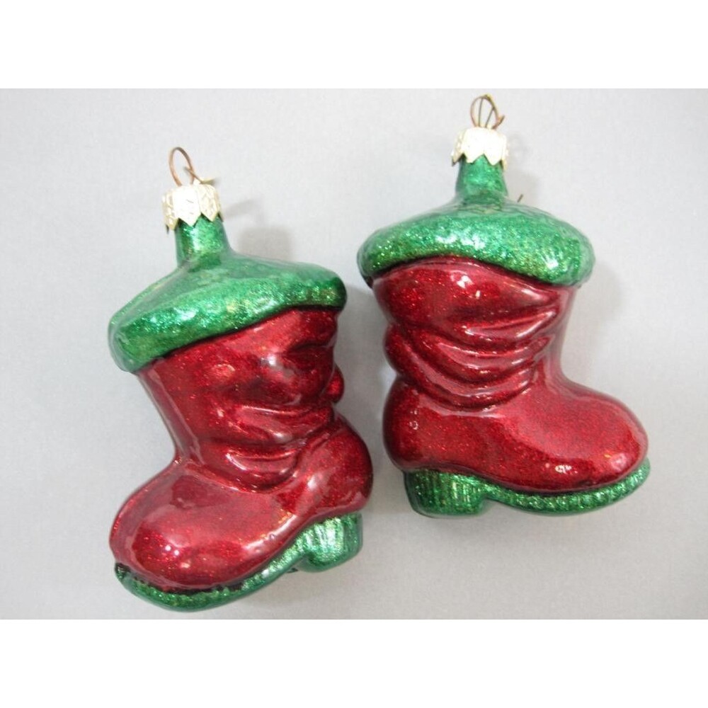 Set of 2 Dept 56 Blown Glass Red & Green Glitter Santa Boot Ornaments 3.5"